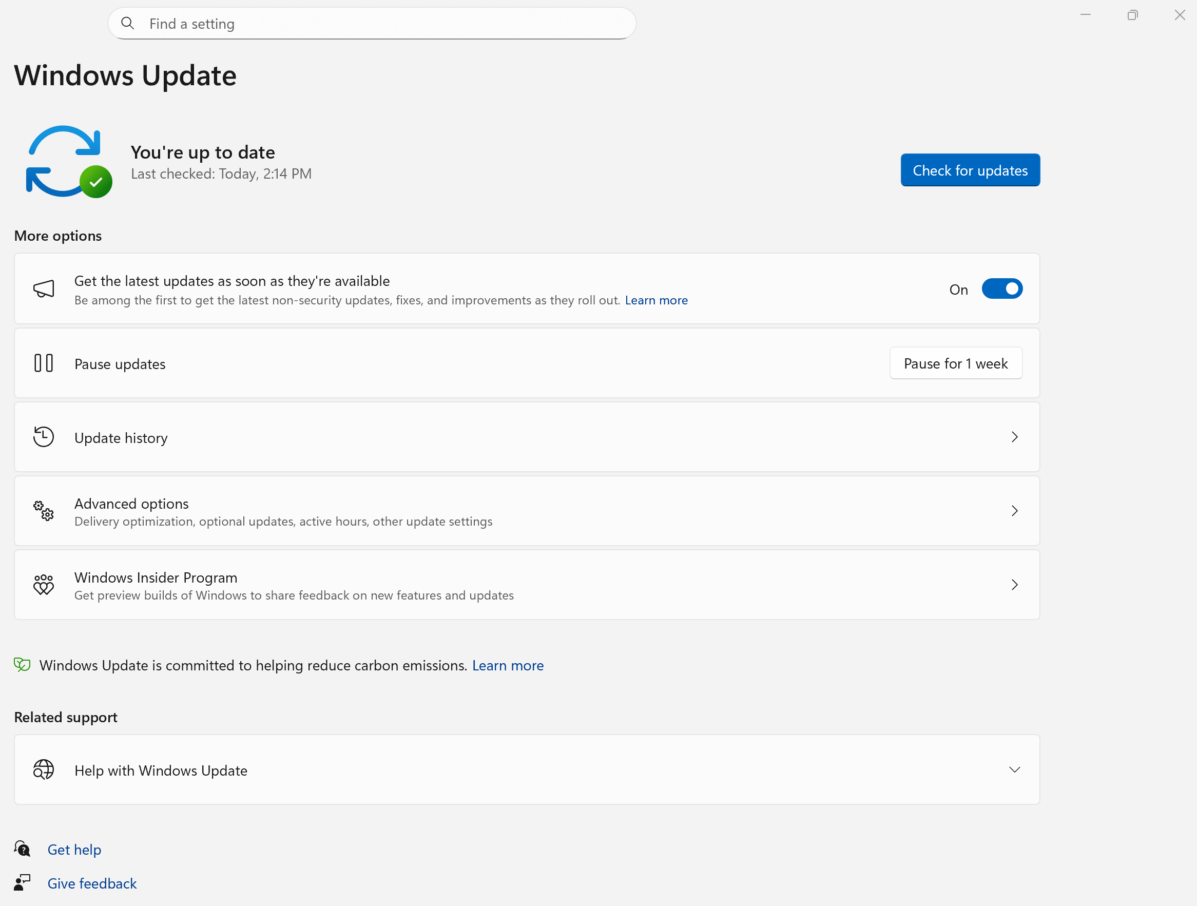 Windows Update 設定画面の例